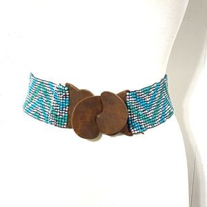 Tourquoise Green BEADED Boho Stretchy Wide Belt Wood Buckle 28"-30" Elastic